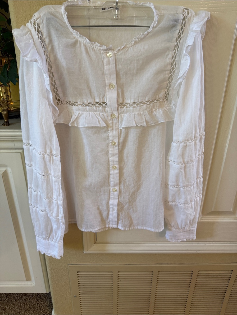 Reformation White Lace-Trim Button-Down Blouse embroidered sleeves and yolk L